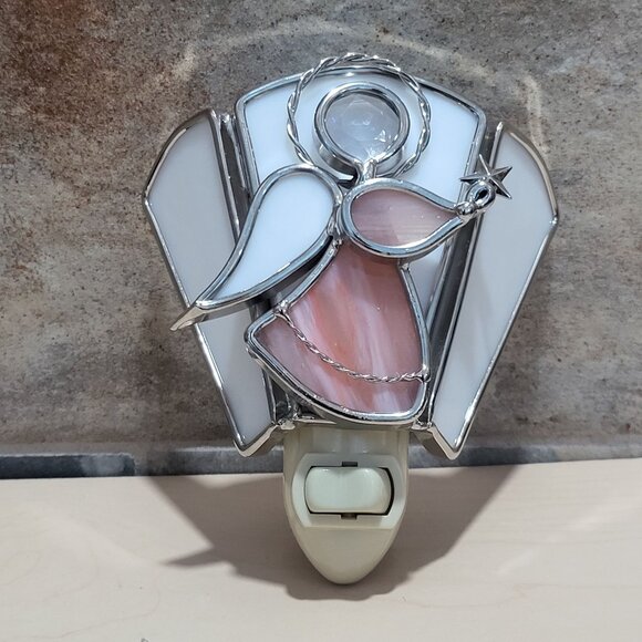 Stained Glass Angel Plug In Nightlight Pink White Silver Plate Finish - Picture 13 of 14